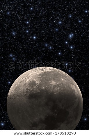 Moon among thousands stars in deep space on a black clipping sky.