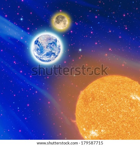Satellite view on the Sun, Moon and Earth. Sun and Earth furnished by NASA/JPL. Stars, Milky Way and Moon are my astro-photography work.