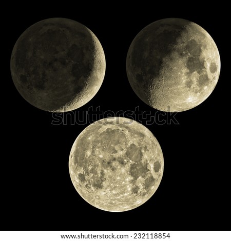 Phases of the Moon from young, half to full one. Mosaic photo.
