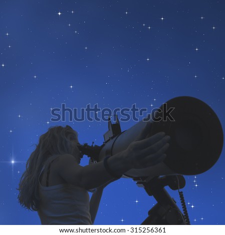 Stargazing through a telescope. Milky Way stars are digital illustration, no elements of NASA or other third party.