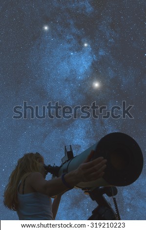 Stargazing through a telescope. Milky Way stars are digital illustration, no elements of NASA or other third party.