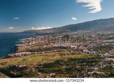 Scenic view of typical development mixed with agriculture fields on Tenerife, Canary Islands, Spain.