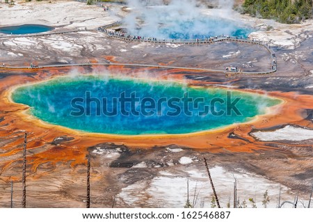 Aerial view of famous Grand Prismatic Spring in Yellowstone National Park.
