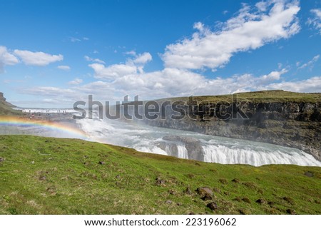 Gullfoss (Golden falls) waterfall and rainbow in Iceland.