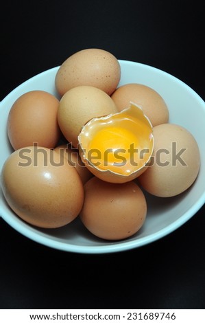 Eggs in plate with broken egg above