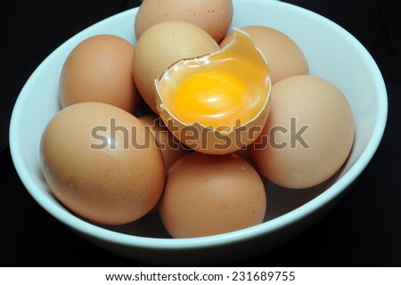 Eggs in plate with broken egg above