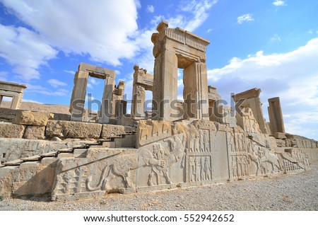 This is Persepolis ancient city with beautiful and blue sky , famous place to visit ,one of world heritage site , UNESCO in Shiraz , Iran