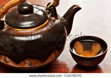 cup of tea and teapot, wooden desk