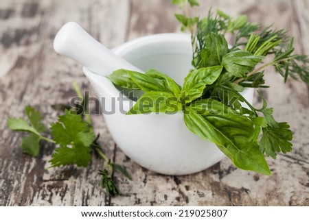 mortar with herbs isolated on a white background