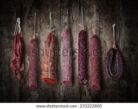 salami sausages on a wooden background