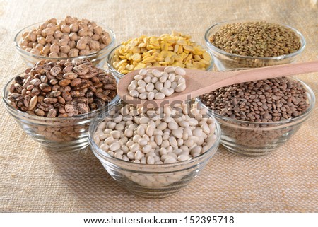 A wooden spoon of chickpeas and glass bowls of mignon lentils, lentils, fava beans, white beans, Borlotti beans and chickpeas, legumes
