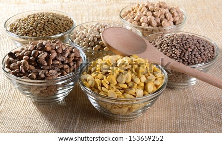 A wooden spoon and glass bowls of mignon lentils, lentils, fava beans, white beans, Borlotti beans and chickpeas