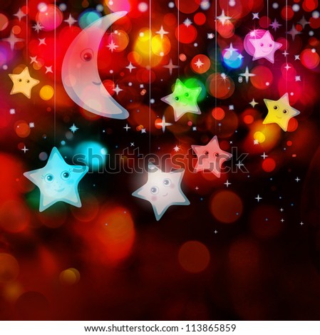 Moon and stars on colorful lights background