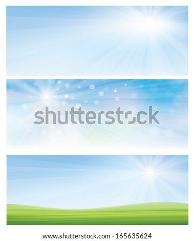 Vector spring banners, blue sky and green grass.