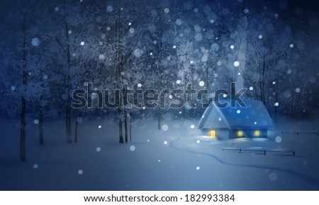 Winter  night landscape with house in  forest.