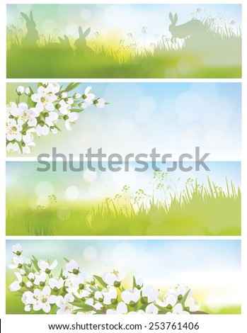 Vector spring banners, blossoming tree branch, nature backgrounds.