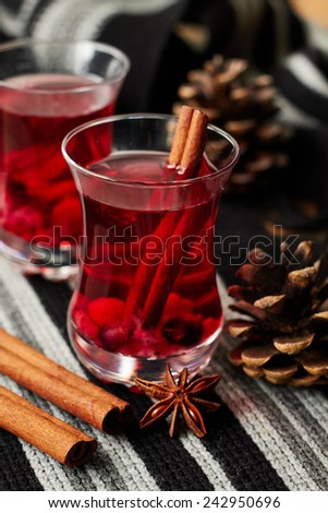 Hot winter drink with with berries and cinnamon