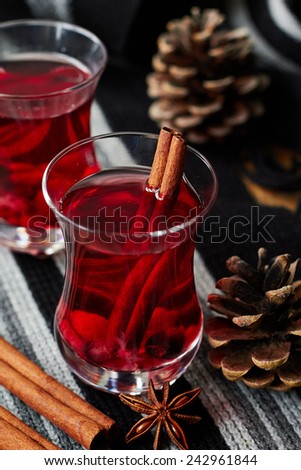 Hot winter drink with with berries and cinnamon