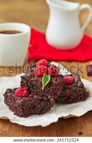 Fresh Delicious Chocolate brownie with raspberry