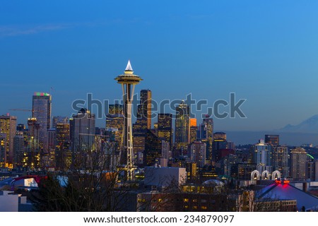 Space Needle at Dusk. Seattle, WA. December, 1-st 2014. Beautiful view on Space Needle opens from Kerry Park.