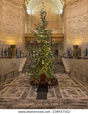 Christmas tree in Washington State Capitol. December, 17 2014 - Olympia, WA, USA. The main Christmas tree of the state was put up in Washington State Capitol.