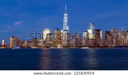NEW YORK CITY - SEPTEMBER 12: Lower Manhattan as seen during the blue hour on September 12, 2014 in New York City.