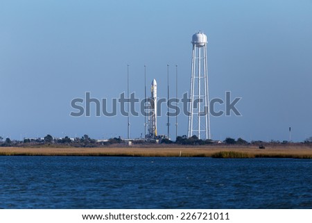WALLOPS ISLAND, VA - OCTOBER 28: An Orbital Sciences Corp. Antares rocket stands ready for launch on October 28 at NASA's Wallops Flight Facility.  The rocket blew up six seconds into the flight.