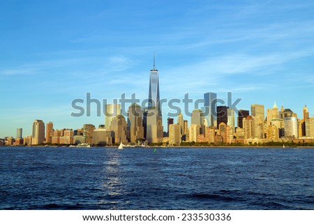 Sun setting on lower Manhattan in New York City