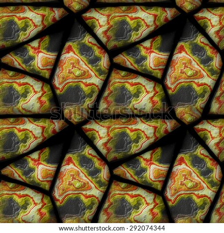 Seamless 3d relief floor pattern of layered red, black and yellow stones