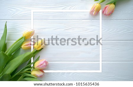Lovely tulip flowers on white wooden background with frame, holiday postcard for Women\'s Day or Mother\'s Day or Sale concept. Floral spring background with copy space. Flat lay.
