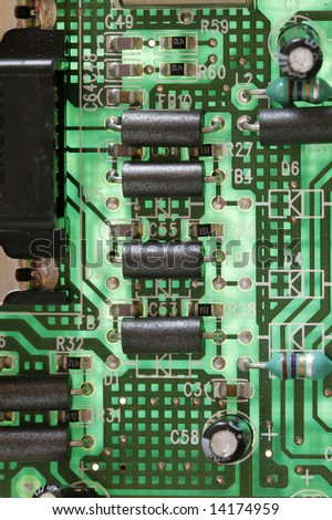 computer motherboard, sound and network cards in detail
