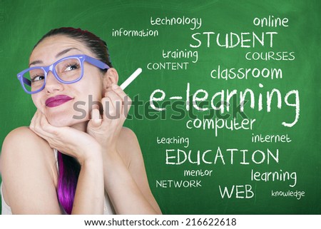 Young Woman with e-learning Word Cloud