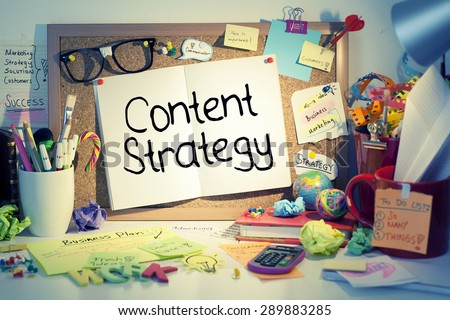 Content Strategy / Content marketing concept words on bulletin board in office interior