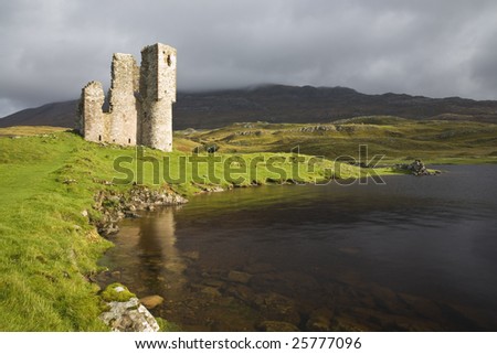 Ruin of ancient Scottish castle with lake and green grass in front and cloudy sky in the background