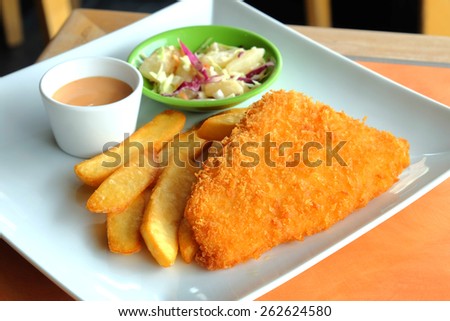 Golden Fish steak in the dish with french fries