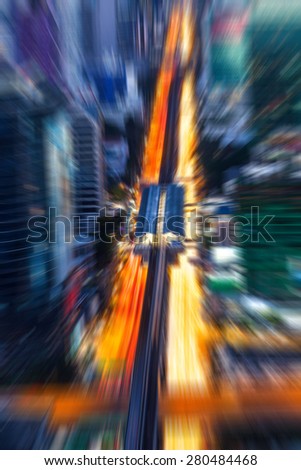background blur of traffic of Bangkok night bird eye view