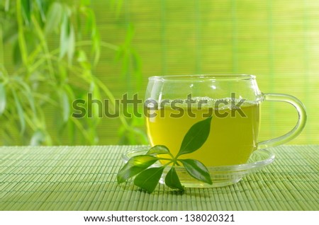 green tea in cup on plants\' background