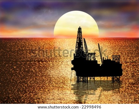 the drilling platform on sea on background of the setting sun