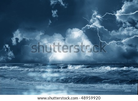 the storm on sea from lightnings on background of clouds