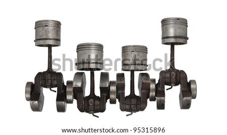 four old piston and connecting rod on white background