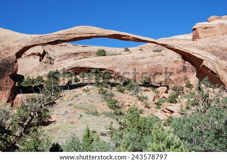 Landscape Arch in Arches National Park, UT, USA. Landscape Arch is the longest natural arch in the world.