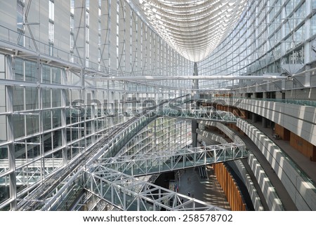 TOKYO - JULY 31, 2014: Lobby gallery of Tokyo International Forum in Chiyoda ward, Tokyo.  Completed in 1996, this 11-story building is a convention center.