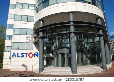 LEVALLOIS-PERRET, FRANCE - APRIL 12, 2015: Alstom headquarters in Levallois-Perret, near Paris. Alstom is a leading company in power generation, power transmission and rail industry.