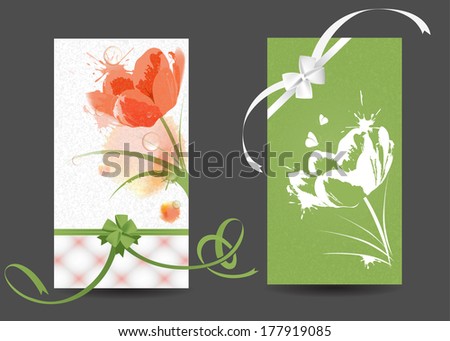 Image of two cards tied ribbons with the image of spring flowers - tulips