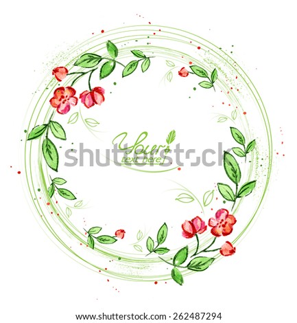 flower, spring, round frame with red flowers and green leaves