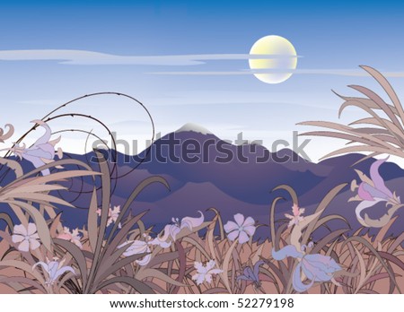 view from flower valley to mountain landscape in moonlight - vector