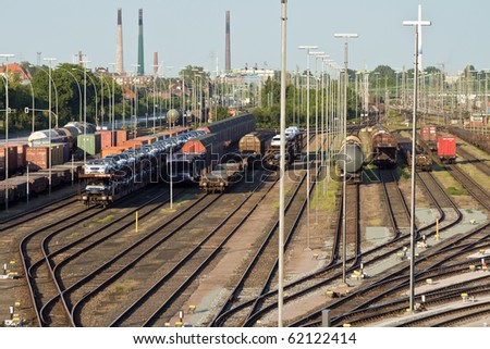 Train line crossing. Industrial landscape in Hamburg, Germany.