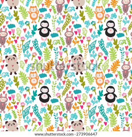 bright cute seamless vector pattern with flowers, animal bird penguin, fox, panda, rabbit