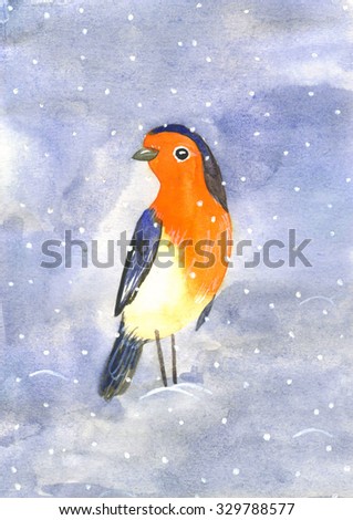 watercolor card with a bird robin in the snow