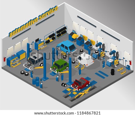 Vector isometric illustration of automotive and tire fitting service, car lifts, wheel changer and wheel balancers. Equipment for automotive service.